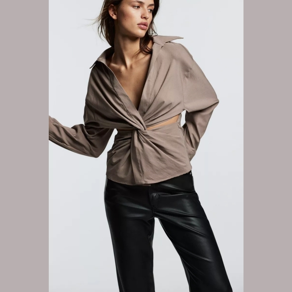 NWT Zara Cut Out Detail Stretch Shirt Size Small Brown Taupe